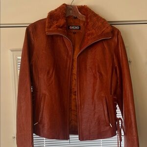 XOXO Women's Rust Faux Leather Jacket with Faux Fur Collar